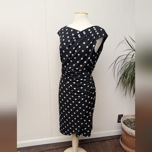 Stretch Ruched Black Dress With Pastel Blue Polka Dots Size 12